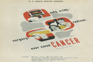 Plakat mit einem Mann in Anzug und weißer Laborkittel mit Stethoskop, entschlossen aussehend, vor einem hellrosa Hintergrund mit großer weißer Schrift, die "Chirurgie Heilt Krebs" lautet.