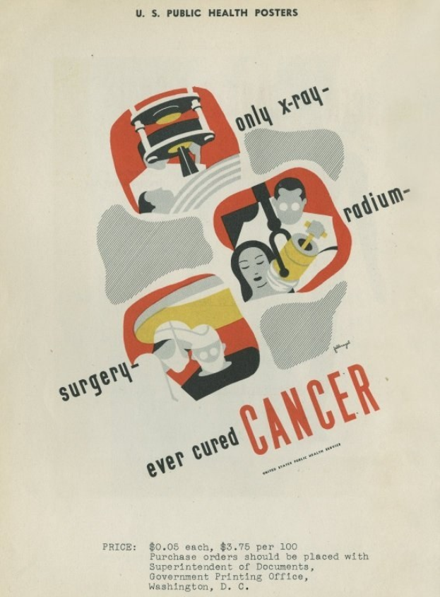 Plakat mit einem Mann in Anzug und weißer Laborkittel mit Stethoskop, entschlossen aussehend, vor einem hellrosa Hintergrund mit großer weißer Schrift, die "Chirurgie Heilt Krebs" lautet.