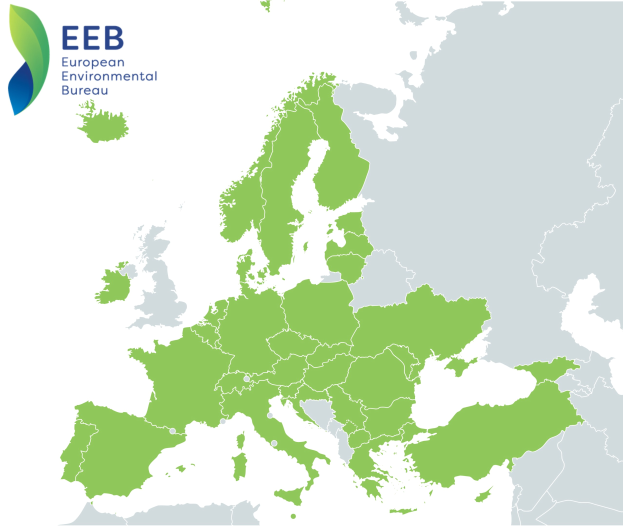 Eine Europakarte mit dem Logo der Europäischen Umweltagentur in der linken oberen Ecke, die in verschiedenen Grüntönen schattiert ist, um EU-Regionen anzuzeigen.
