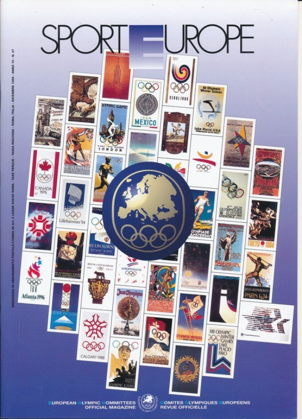 Ein Buchumschlag mit dem Titel "Sport in Europa" in leuchtenden Farben und detaillierten Designs, der verschiedene olympische Symbole und Designs zeigt, die mit den Olympischen Spielen in Europa in Verbindung stehen.