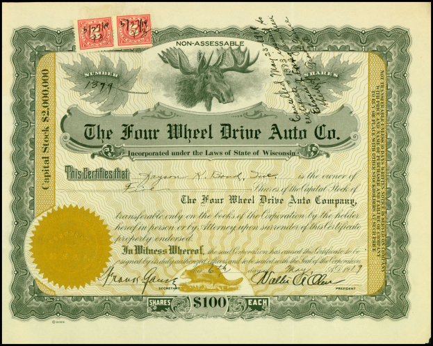 Vierradantrieb-Auto-Aktiengesellschaft mit goldener Siegelmarke, Text 'Vierradantrieb Auto Co.', numerischem Aktienwert und mehrfarbigen Stempeln.