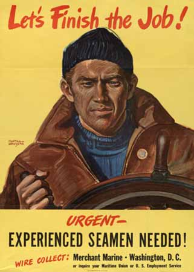 Ein Plakat mit einem entschlossenen Mann in einer Jacke, der ein Lenkrad hält, mit der Aufschrift "Lassen wir es zu Ende bringen" oben.