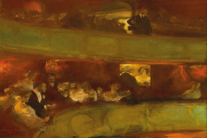 Ein Gemälde einer vielfältigen Gruppe von Menschen in einem hell erleuchteten Theater, einige stehen, einige sitzen, alle in feierlicher Kleidung, schaffen eine lebendige und einladende Atmosphäre.