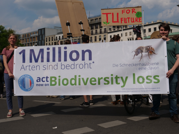 Eine Gruppe von Menschen steht auf einer Straße und hält ein Banner in die Höhe, auf dem "1 Million handeln für den Erhalt der Artenvielfalt" steht. Im Hintergrund sind Gebäude, Bäume und ein klarer blauer Himmel zu sehen.