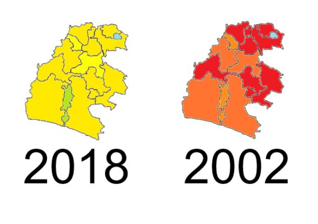 Karte von Deutschland, die die provinziellen Grenzen von 2002 und 2018 in Gelb, Rot und Orange hervorhebt, vor einem weißen Hintergrund mit Text.