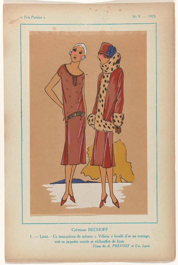 Zwei Frauen in 1920er-Jahre-Mode, eine in einem roten Kleid und die andere in einem Leopardenmantel, stehen auf einem Papier mit Text und Zahlen zur 1920er-Jahre-Mode.
