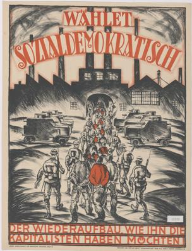 Ein deutsches Propagandaplakat der Nationalsozialistischen Deutschen Arbeiterpartei (NSDAP) für die Sowjetunion, das eine Gruppe von Menschen und Fahrzeugen im Vordergrund zeigt, mit einem Gebäude im Hintergrund und der Aufschrift "Wahlet Sozialdemokratisch - der Wiederaufbau wie die Kapitalisten ihn haben wollten".
