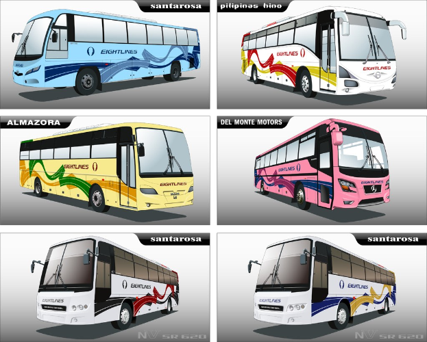 Sechs Busse auf einer Straße mit einem Text-Overlay, sieht aus wie ein bearbeitetes Foto.