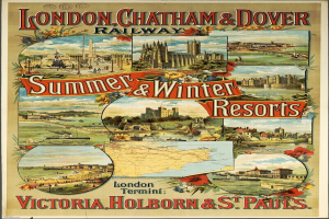 Plakat, das London, Chatham und Dover Railway's Sommer- und Winterresorts bewirbt, mit Bildern von Gebäuden, Bäumen, Blumen, einer Karte und beschreibendem Text.