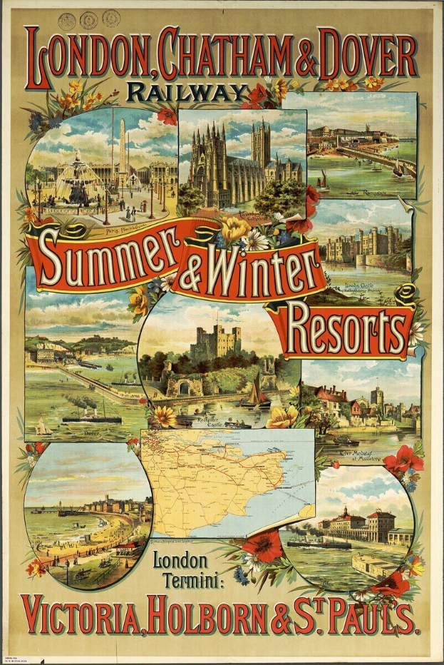 Plakat, das London, Chatham und Dover Railway's Sommer- und Winterresorts bewirbt, mit Bildern von Gebäuden, Bäumen, Blumen, einer Karte und beschreibendem Text.