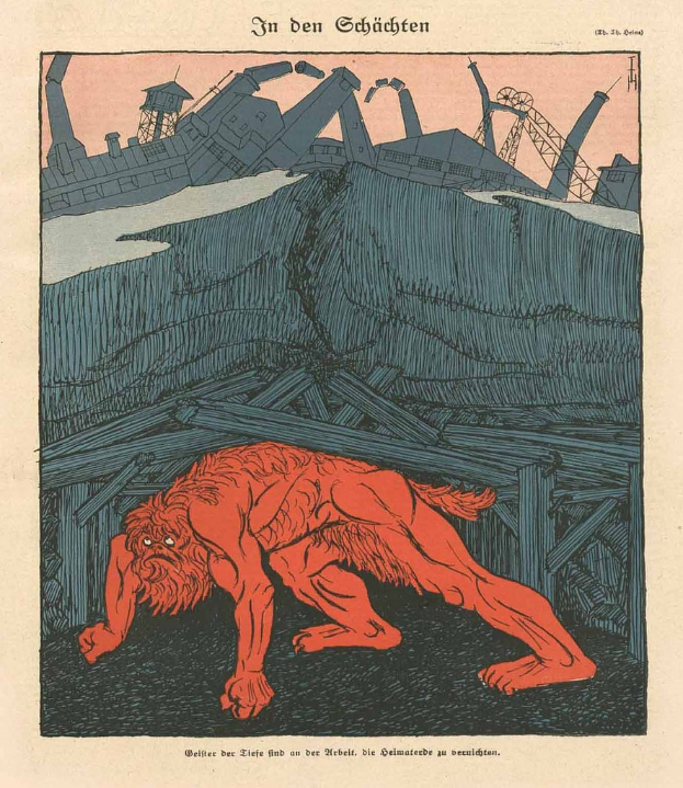 Illustration eines bedrohlichen Werwolfs mit ausgestreckten Klauen und offenem Mund vor einem rauchenden Fabrikgebäude unter einem tiefblauen Himmel, mit einem auffälligen Plakat im Hintergrund.