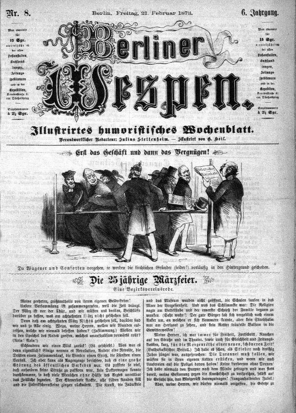 Alte deutsche Zeitung "Berliner Wespen" vom 21. Februar 1873 mit einer Gruppe von Menschen in traditioneller deutscher Kleidung, die sich unterhalten, mit deutscher Text, der das Ereignis wahrscheinlich beschreibt.