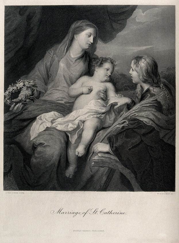 Eine Frau mit einem Baby auf dem Arm wird von zwei anderen Frauen flankiert, mit dem Text "Hochzeit von St. Catherine" unten, alles in Schwarz-Weiß dargestellt.