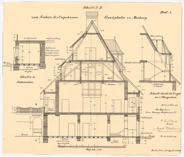 Ein detailliertes Bild eines Hauses mit vielen Fenstern und einem Dach, begleitet von Architekturplänen und Text, das als erstes Haus in Deutschland gilt.