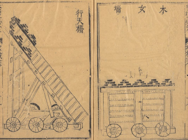 Ein altes Buch mit chinesischer Schrift und einer Zeichnung eines Lkws mit einem großen Vorderrad und einem kleineren Hinterrad.