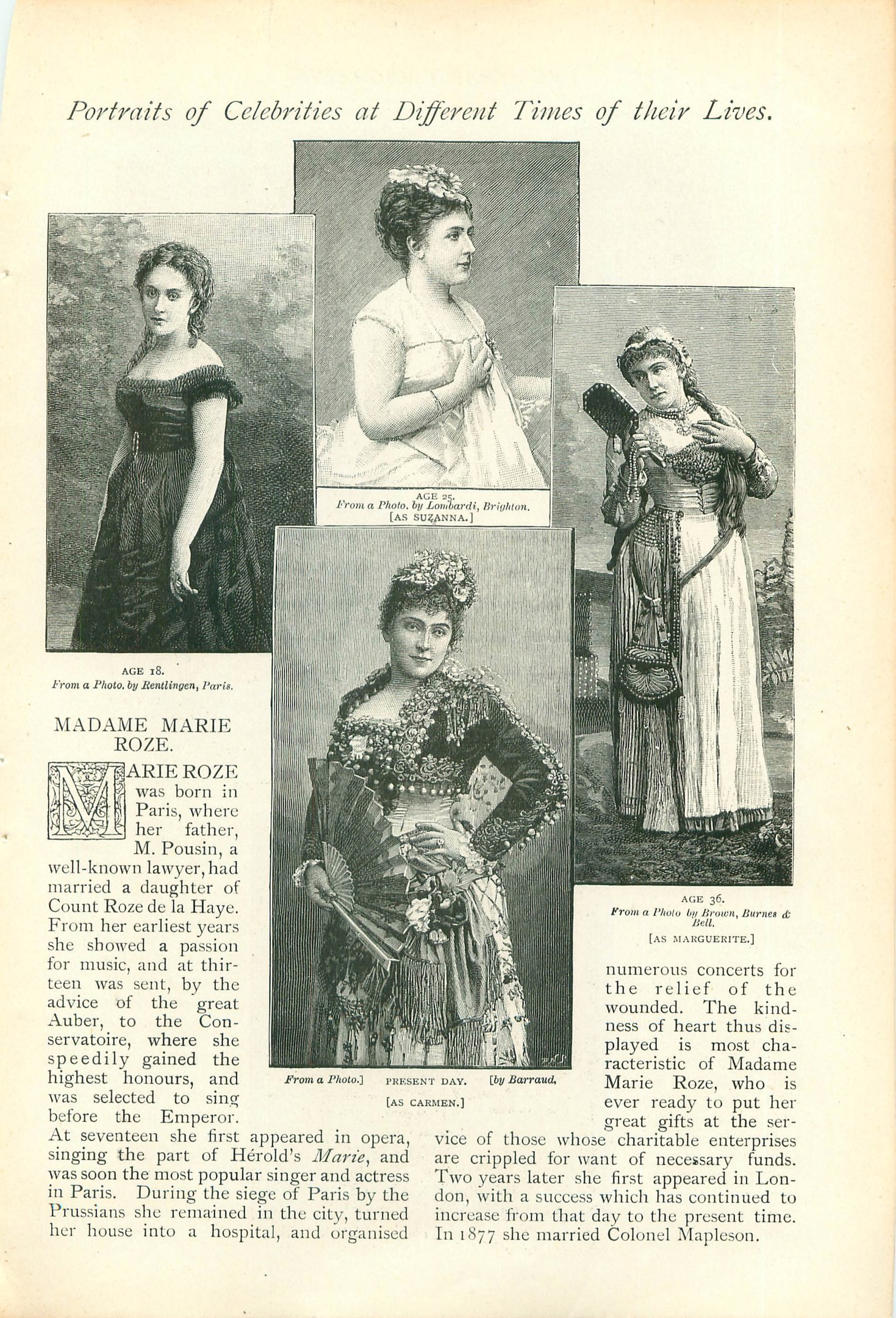 Altes Buch mit dem Titel "Porträts von Prominenten zu verschiedenen Zeiten ihres Lebens" mit illustrierten Frauen in Kleidern, darunter eine zentrale Figur in einem langen, hochgeschlossenen Kleid mit einem Dutt.