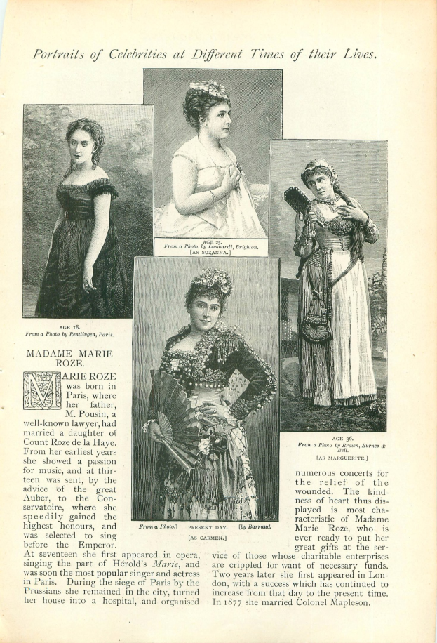 Altes Buch mit dem Titel "Porträts von Prominenten zu verschiedenen Zeiten ihres Lebens" mit illustrierten Frauen in Kleidern, darunter eine zentrale Figur in einem langen, hochgeschlossenen Kleid mit einem Dutt.