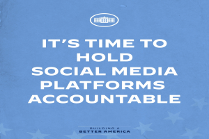 Plakat mit fetter schwarzer Schrift "Es ist Zeit, Social-Media-Plattformen zur Rechenschaft zu ziehen" in der Mitte auf einem weißen Hintergrund mit einem schmalen schwarzen Rahmen.