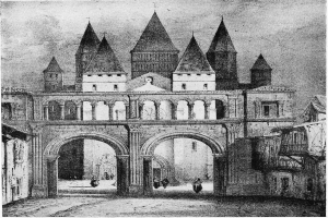 Schwarze und weiße Zeichnung einer Burg mit einem Uhrenturm im Hintergrund, umgeben von Menschen, mit dem Text "Renaissance-Bogen" unten.