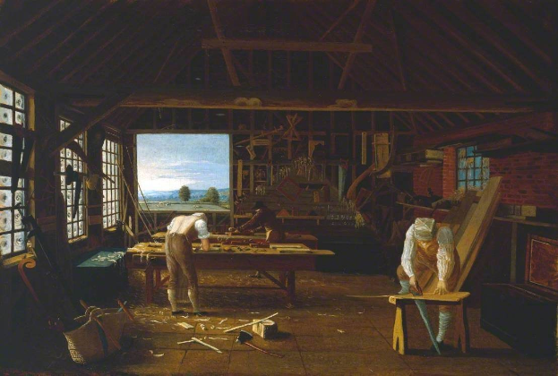 Gemälde namens "Die Schreinerwerkstatt" von William Hogarth, das zwei Männer bei der Arbeit in einer Werkstatt zeigt, mit einem Tisch voller Werkzeuge und anderer Gegenstände in der Mitte des Raums, Fenstern auf der linken und rechten Seite und einem Hintergrund aus Bäumen, Bergen und Himmel.