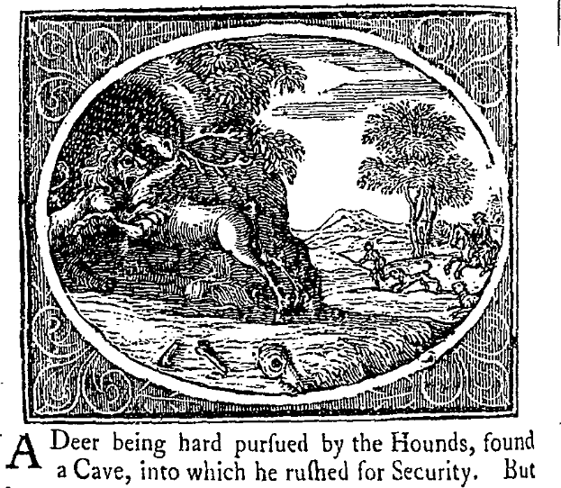 Ein Reh wird von Hunden in eine H├Âhle getrieben, um sich in Sicherheit zu bringen, mit B├Ąumen und H├Ąngen im Hintergrund und Text am unteren Bildrand.