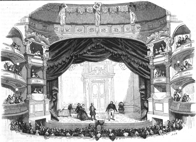 Eine Schwarz-Weiß-Zeichnung des Theaters der Royal Opera House in London, England, mit einer Bühne, Geländern, Säulen, Vorhängen und einer Tür.