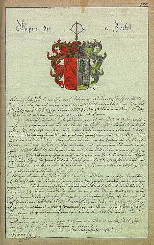 Ein 16. Jahrhundert-Dokument mit einem Wappen und Text, unterzeichnet von einer deutschen Familie, repräsentiert ihre Geschichte und Kultur.