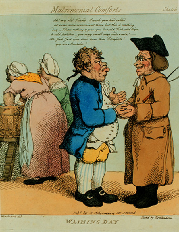 A cartoon of a man and woman talking, with a poster in the background featuring text, the man is wearing footwear.