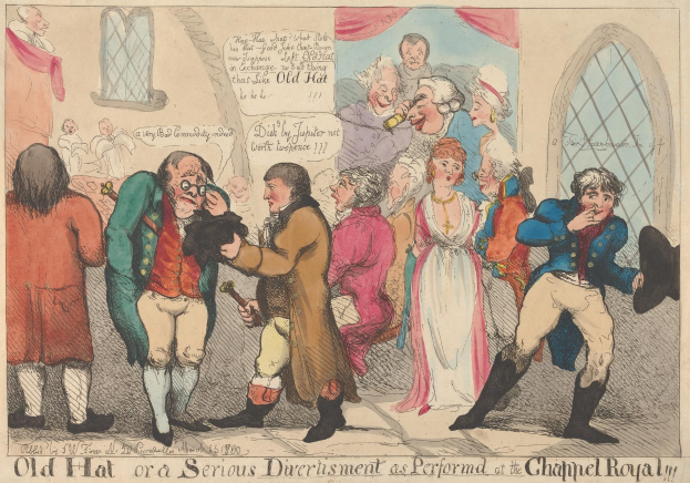 Cartoon von einer Gruppe von Menschen, die vor einem Fenster stehen, einer hält ein Objekt, mit Text unten, der 'Alter Hut oder eine Ernsthafte Unterhaltung, wie im Channel Royal aufgeführt' liest.