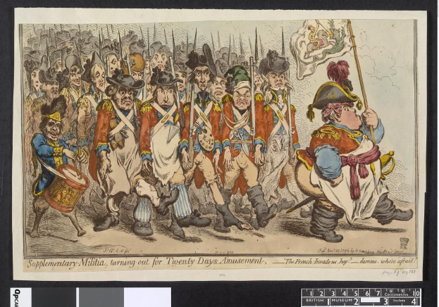 Gruppe von Männern in Militäruniformen marschiert auf einer Straße, einer hält einen Stock in der Hand, mit Text 'Ergänzungsmilitär, Ausmarsch für Zwanzig-Tage-Vergnügen' unten.