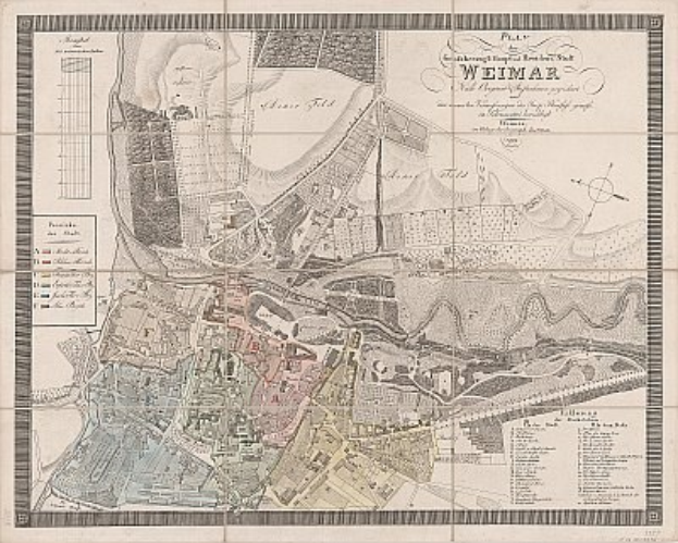 Detailiertes altes Stadtplan von Weimar, Deutschland, zeigt Straßen, Gebäude und Sehenswürdigkeiten mit begleitendem Text über die Bevölkerung und bemerkenswerte Merkmale.