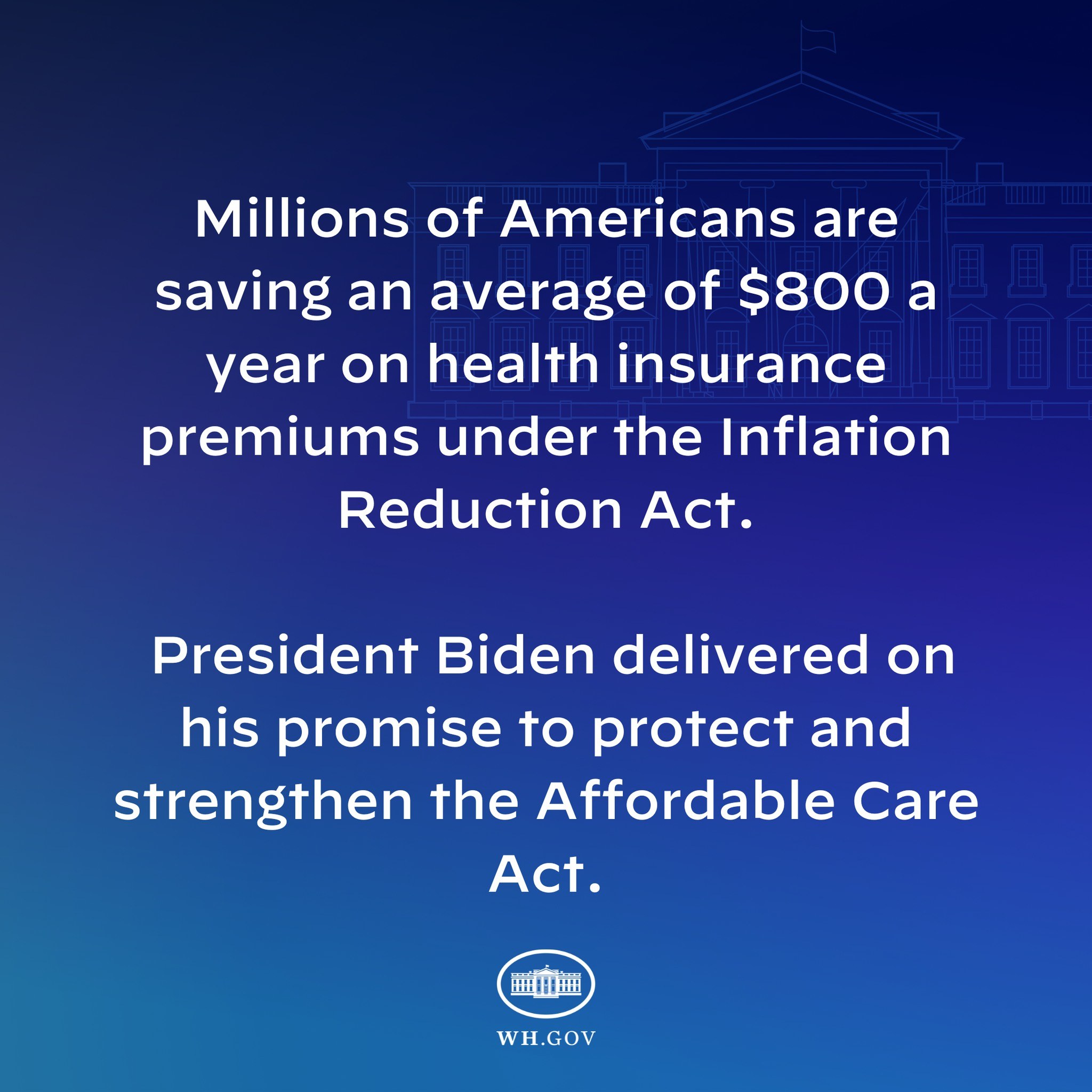 Blauer Hintergrund mit weißer Schrift, die besagt, dass Millionen von Amerikanern durchschnittlich 800 Dollar pro Jahr an den Gesundheitsversicherungsprämien unter dem Inflation Reduction Act sparen, zentriert mit einem Logo.