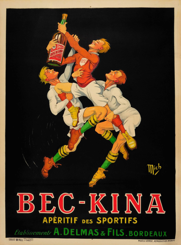 Plakatwerbung Bec-Kina Aperitif des Sportlers, drei Personen mit einer Flasche der Marke haltend, Text auf dem Plakat beschreibend das Produkt und seine Vorteile.
