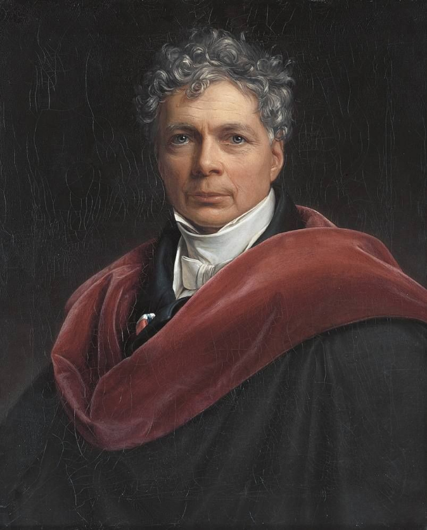 Ein Gemälde eines Mannes in schwarzer Robe und roter Stola vor schwarzem Hintergrund.