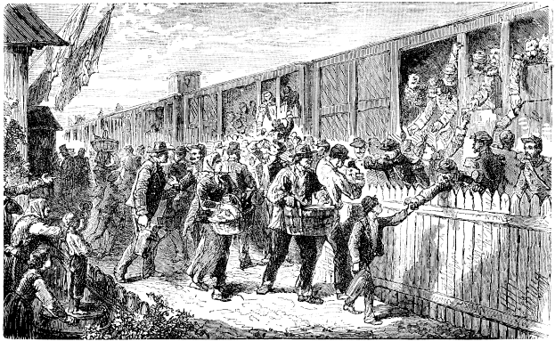 Ein Schwarz-Weiß-Zeichnung einer Gruppe von Menschen, die vor einem Zug stehen, mit einem Zaun auf der rechten Seite und einem Himmel im Hintergrund. Unten auf dem Bild steht der Text 'Victorian Civil War'.