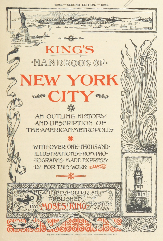 Ein Hardcover-Buch mit dem Titel "Kings Handbuch von New York City: Eine Zusammenfassung der Geschichte und Beschreibung der amerikanischen Metropole" mit einem blauen Einband und weißer Schrift, der Titel fett und zentriert auf dem Einband, und der Rücken ebenfalls blau mit dem Titel und dem Namen des Autors darauf gedruckt.