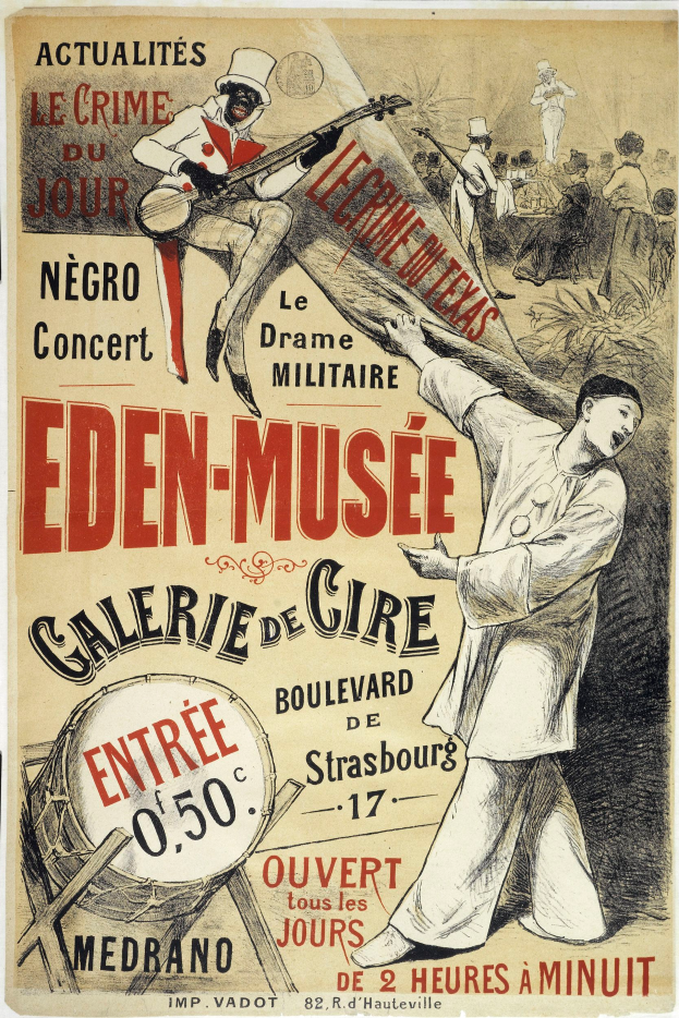 Ein Plakat, das das Eden-Musee Galerie de Cire in Strasbourg, Frankreich, bewirbt, mit einer Person, die ein Musikinstrument spielt, umgeben von anderen Musikern, die verschiedene Instrumente spielen, mit Text, der eventuelle Informationen enth├Ąlt.