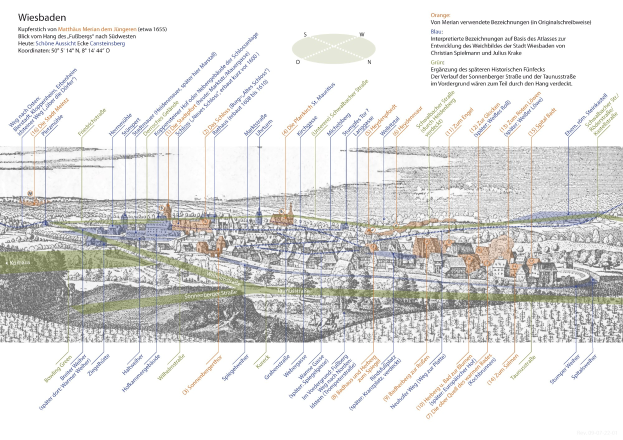 Eine detaillierte Karte von Wiesbaden, Deutschland, mit einem weißen Hintergrund, die verschiedene Städte und Ortschaften in Blautönen, Grüntönen und Gelbtönen zeigt, begleitet von Text, der die Geschichte der Stadt beschreibt, einschließlich Bevölkerung, Sehenswürdigkeiten und Sehenswürdigkeiten.