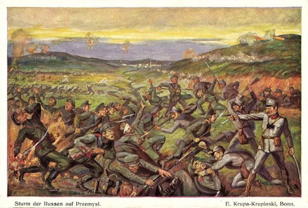 Gemälde, das eine Schlachtenszene mit Soldaten in Militäruniformen zeigt, einige halten Gewehre, und deutscher Text "Sturm der Russen auf Przemysl" unten.