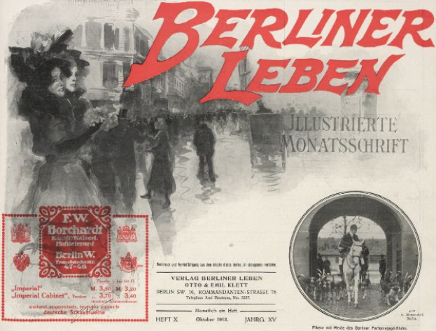Eine alte deutsche Zeitungsanzeige für "Berliner Leben" mit einer belebten Stadtlandschaft, Menschen, hohen Gebäuden und einer Brücke im Hintergrund.
