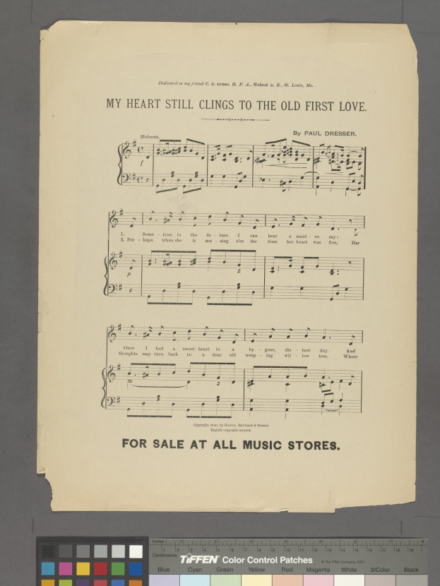 Ein Blatt Papier mit dem Text «Mein Herz hängt noch an der alten ersten Liebe» und Musiksymbolen, mit Farboptionen unten.