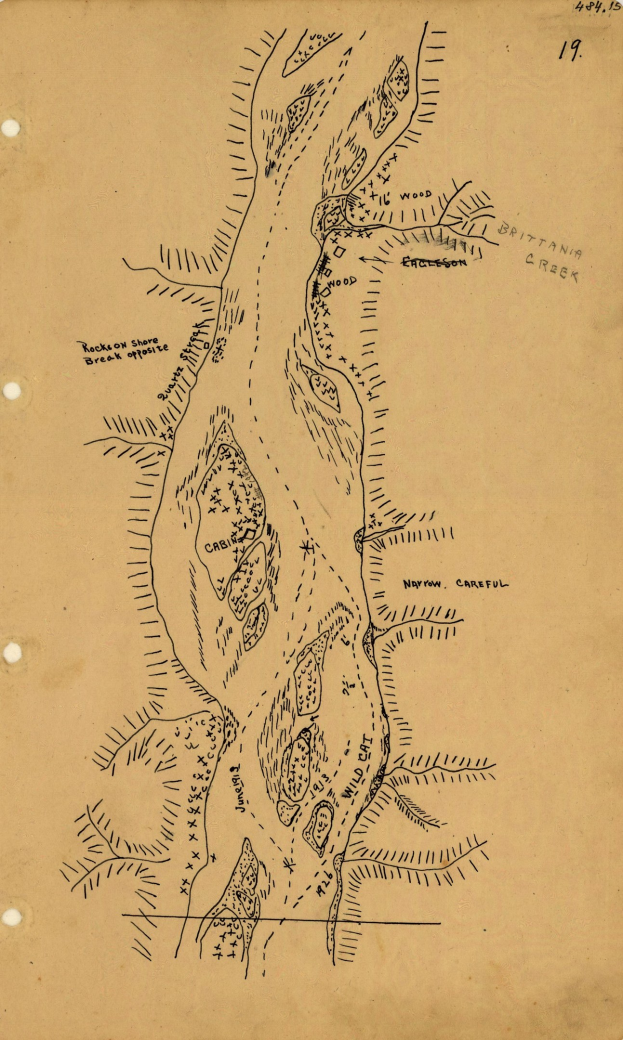 Detailierte alte Karte eines gewundenen Flusses auf altem Papier mit begleitendem Text, der seine Größe, Tiefe und Merkmale beschreibt.
