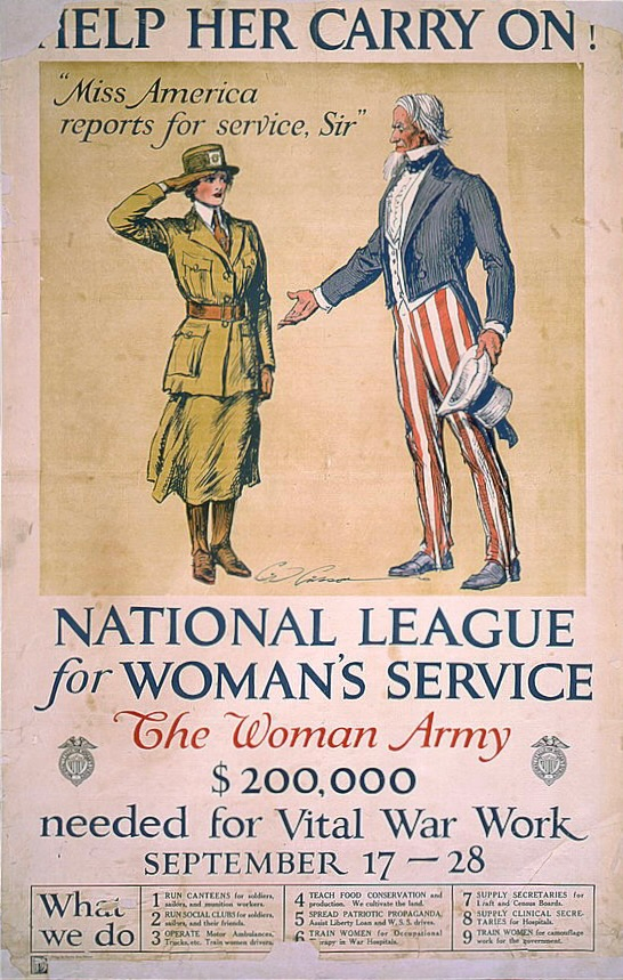 Ein Plakat für den Nationalen Verband für Frauenarbeit, das zwei Personen nebeneinander zeigt, mit Text über die Organisation und ihre Mission.