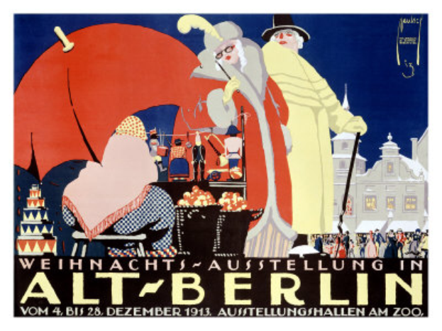 Ein Plakat, das eine Zirkusveranstaltung in Berlin, Deutschland ankündigt, mit einer farbenfrohen Illustration von Menschen, Gebäuden und Gegenständen und der Aufschrift 'Weihnachtsausstellung in Alt-Berlin' oben drauf.