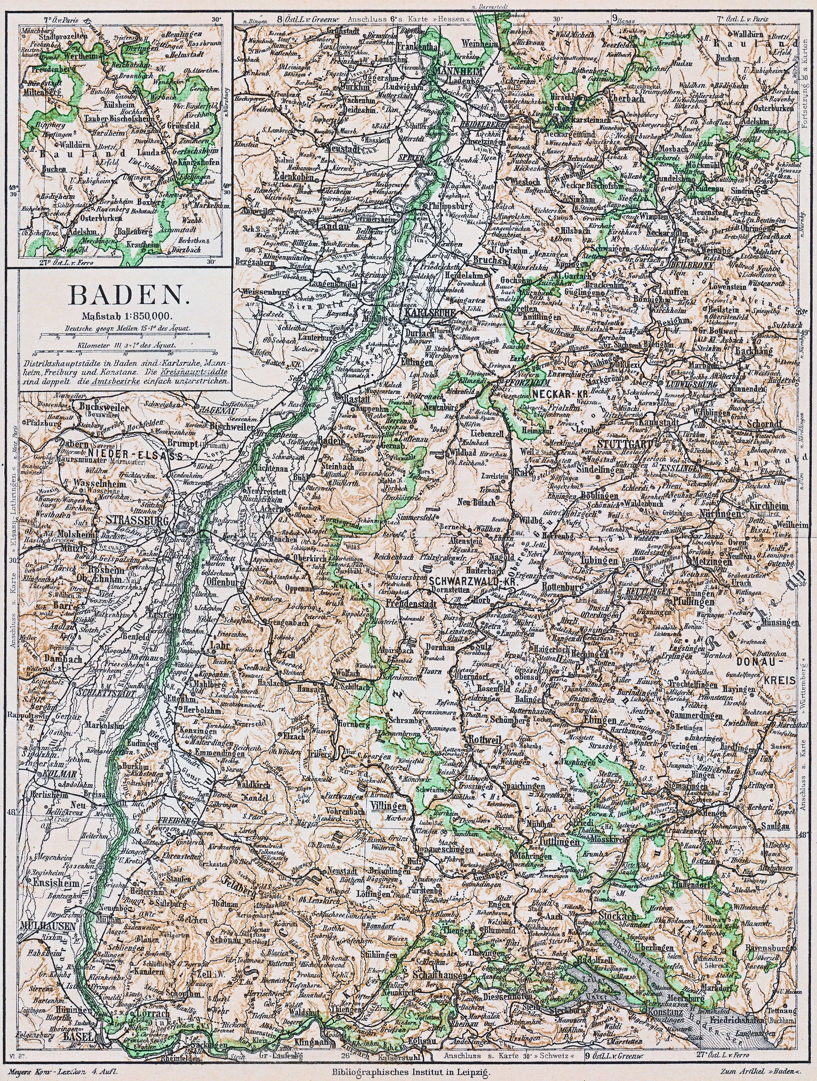 Ausführliche alte Karte von Baden-Württemberg, Deutschland, mit Text über und über dem Bild, die Stra├čen, St├Ądte und geografische Merkmale zeigt.