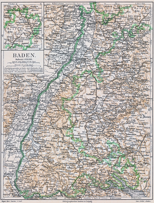 Ausführliche alte Karte von Baden-Württemberg, Deutschland, mit Text über und über dem Bild, die Stra├čen, St├Ądte und geografische Merkmale zeigt.