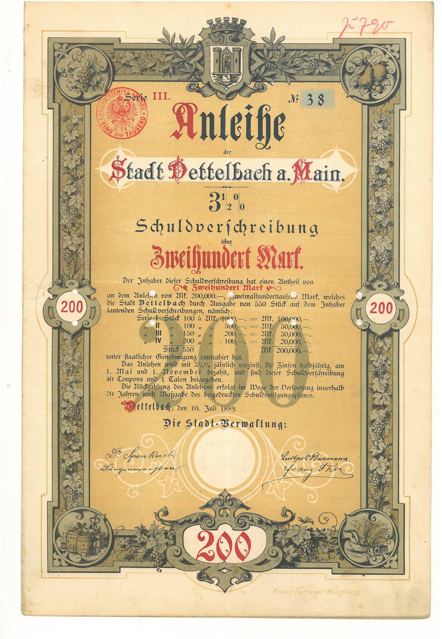 Altes deutsches Aktienzertifikat mit Porträt eines Mannes, mit gedrucktem Text und numerischen Werten, die Aktiendetails angeben.