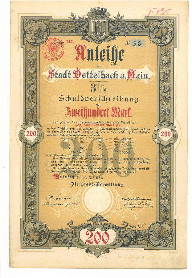 Altes deutsches Aktienzertifikat mit Porträt eines Mannes, mit gedrucktem Text und numerischen Werten, die Aktiendetails angeben.