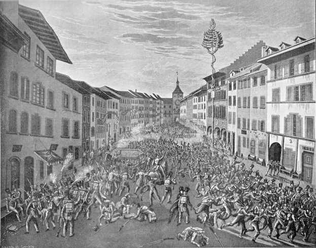 Eine Schwarz-Weiß-Zeichnung einer belebten Stadtstraße mit Gebäuden auf beiden Seiten und einem Himmel im Hintergrund, mit dem Text 'Die Schlacht von Stuttgart' unten.