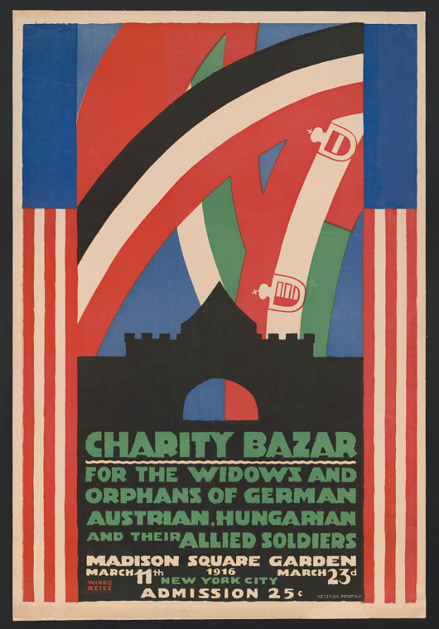Plakat für einen Wohltätigkeitsbasar zugunsten der Witwen und Waisen von Soldaten verschiedener Nationen, mit Text zu den Ereignisdetails.